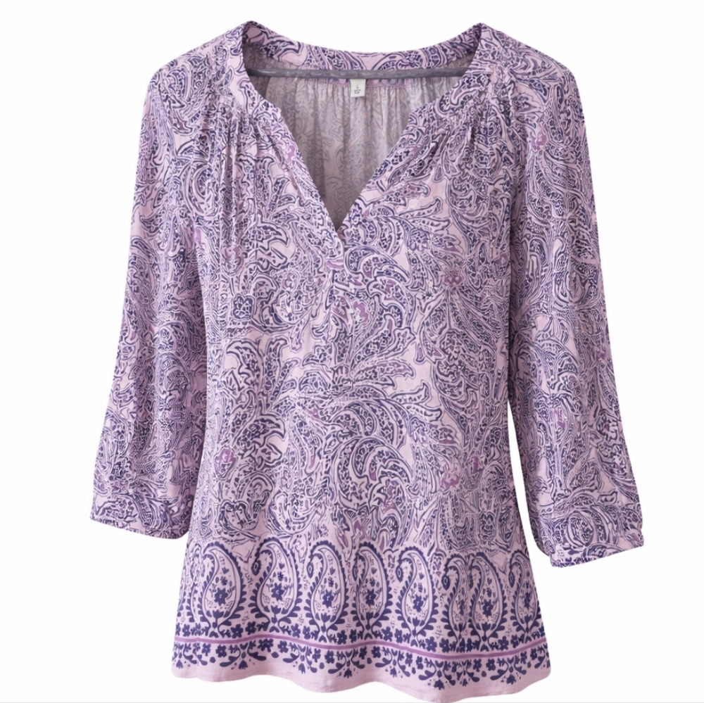 Crown & Ivy | Purple Paisley Boho Blouse Size L V-Neck 3/4 Sleeve